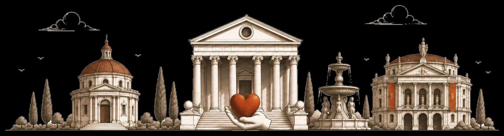 A row of Roman-style buildings with a marble hand offering a heart