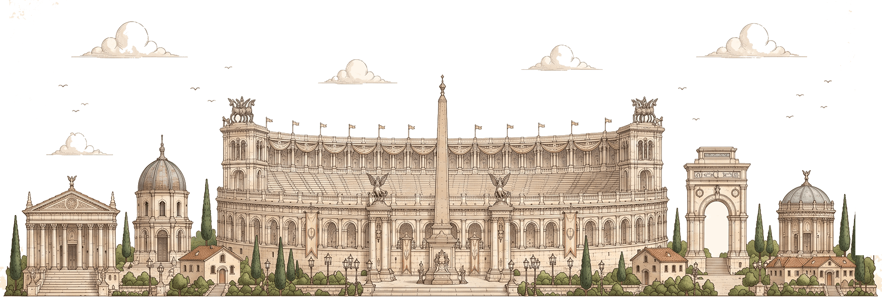 A Roman hippodrome, its obelisk on the spina, flanked by temples, a triumphal arch and cypress-lined streets — the right half of the drawing shown as an architect's plan